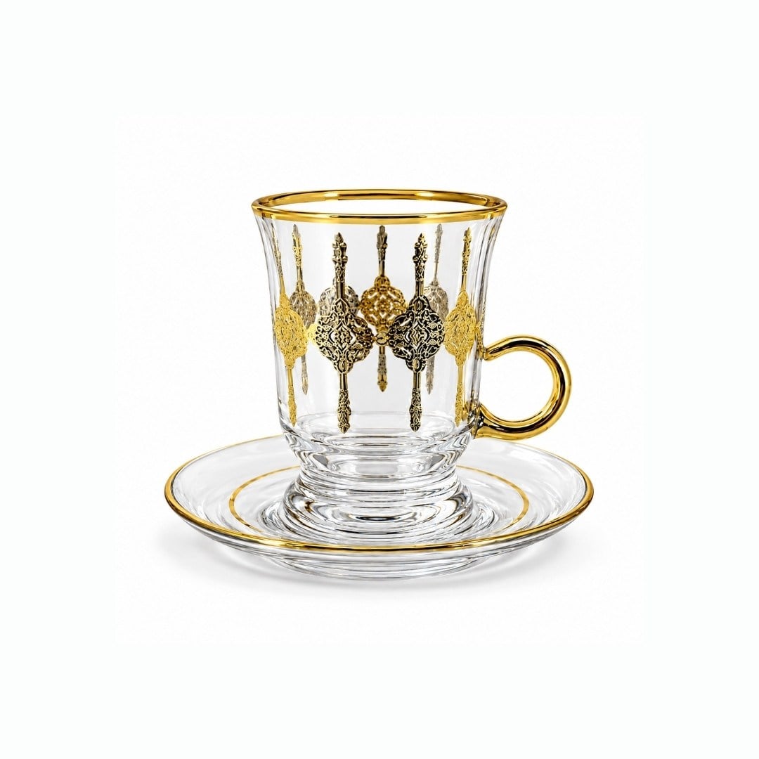 Çay BardaklarıKemer Kulplu 6 Lı Çay Seti Gold