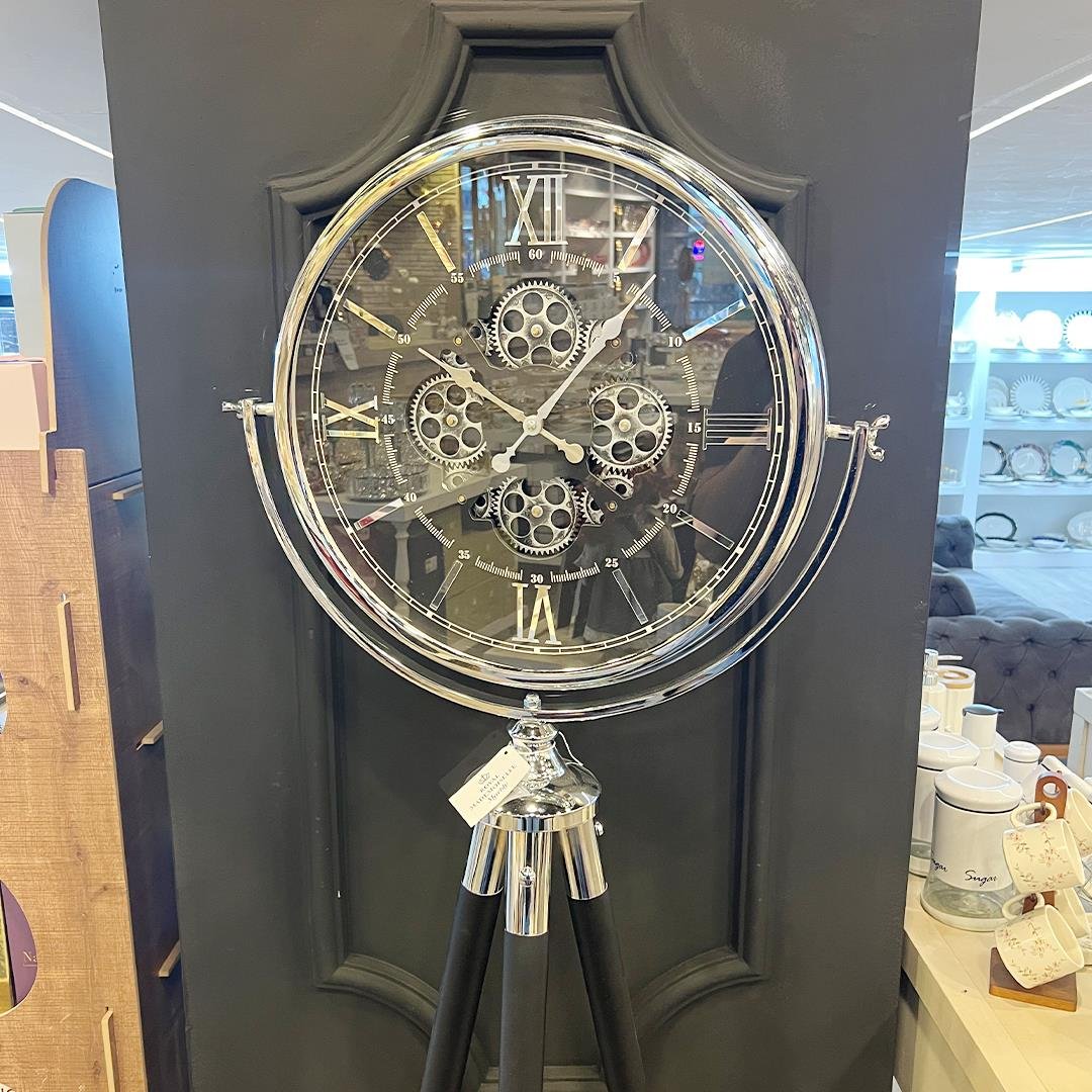 Decorative WatchKrom Çarklı Tripot Ayaklı Dekoratif Saat Gümüş Siyah