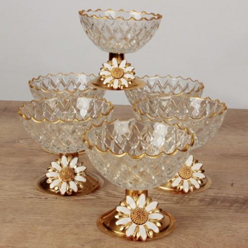 Papatya Motifli Cam 6 Lı Sunumluk - Gold