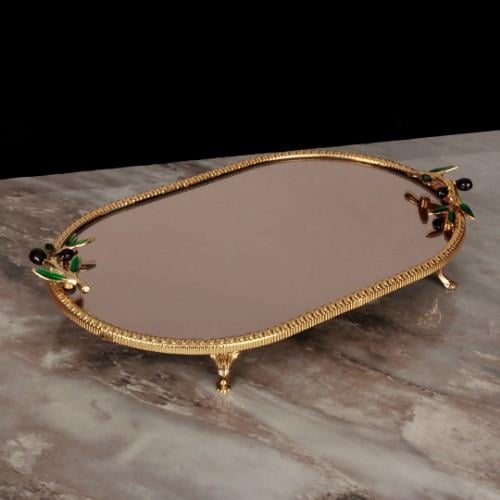 Peace Oval Aynalı Dört Ayaklı Tepsi Büyük Boy - Gold