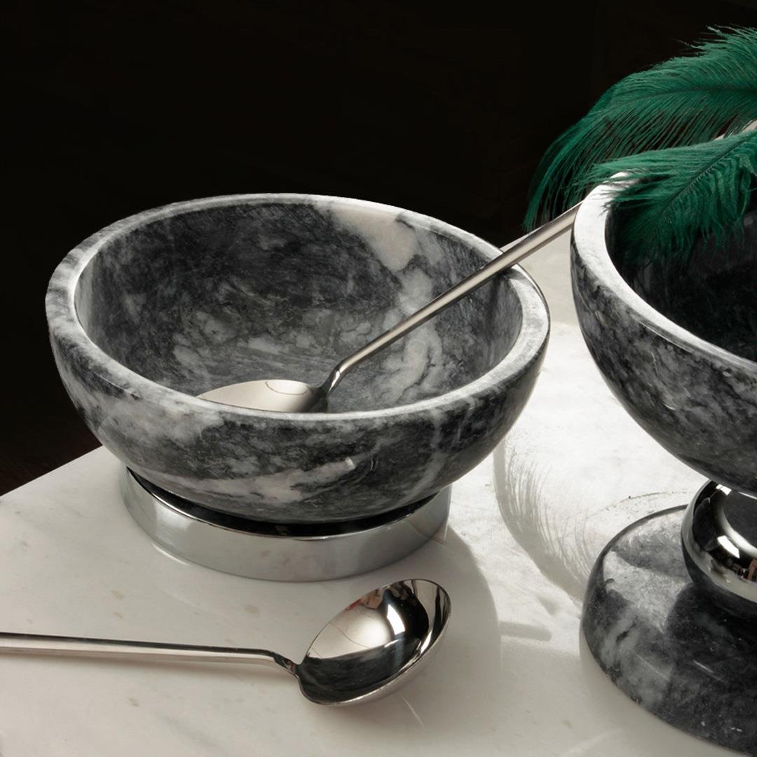Serving PlateQuarry Black Marble Silver Metal Footed Decorative Bowl - Small Size