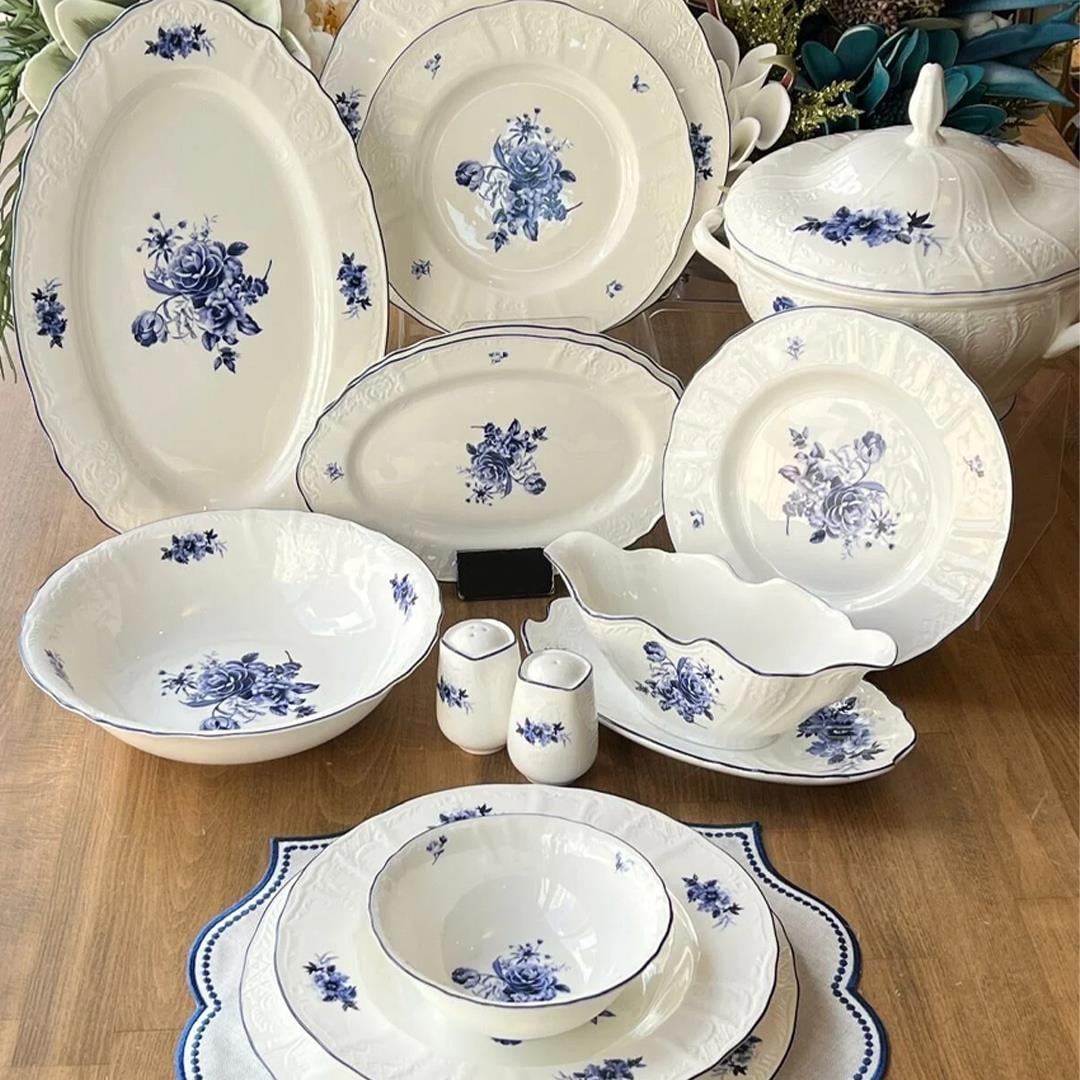 Dinner Set for 12Royking Blue Garden 62 Piece Porcelain Dinner Set for 12 People