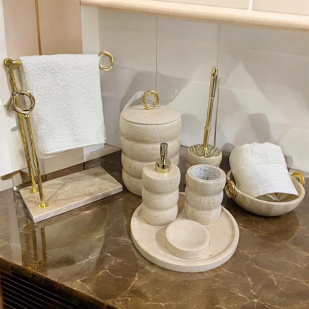 Mermer Banyo SetiTraverten Ring 8 Parça Banyo Seti - Gold