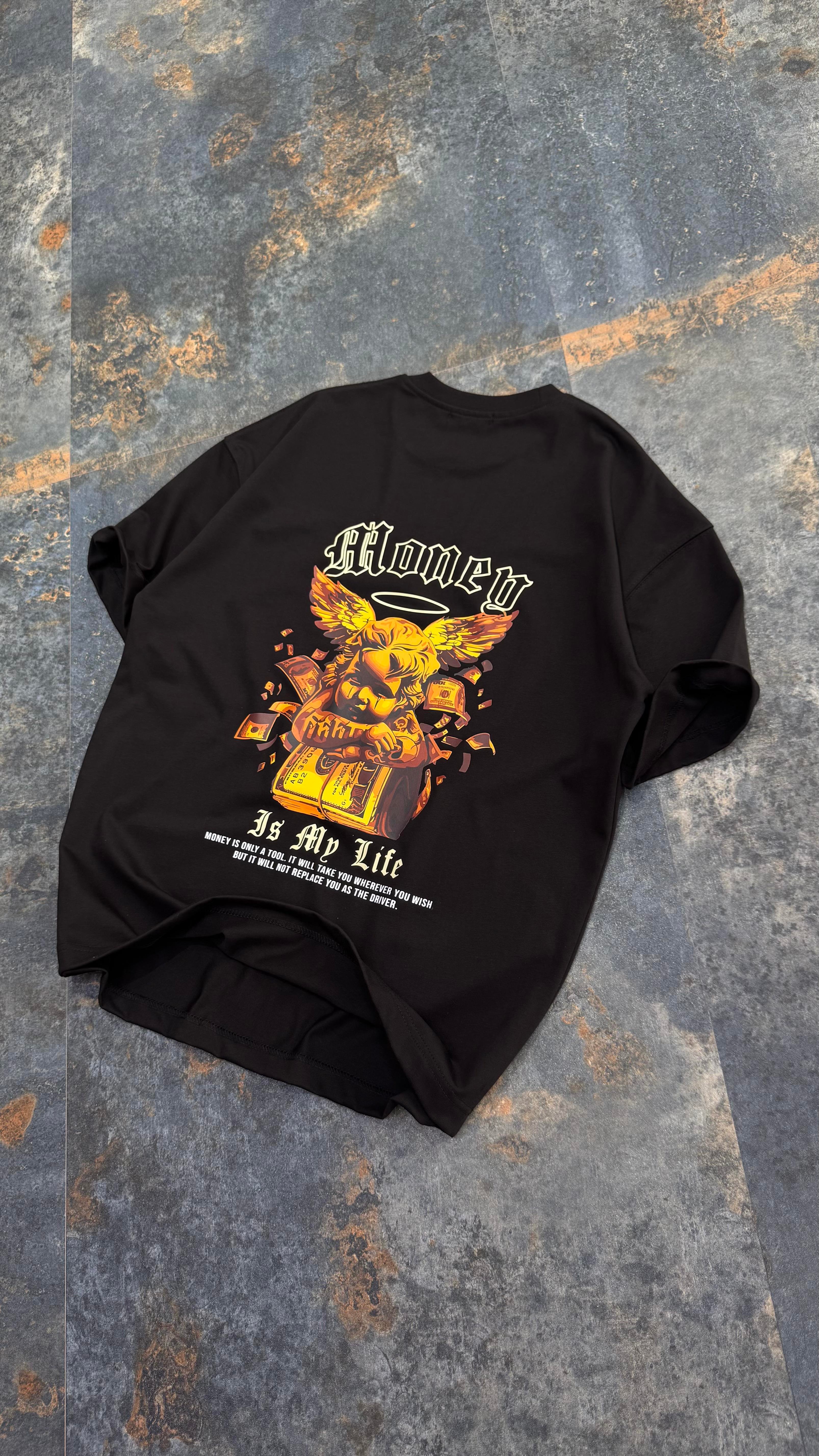 Money Baskılı Siyah Oversize T-Shirt