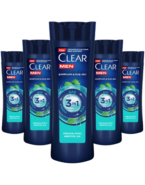 Clear Men 3 In 1 Ferahlatıcı Mentol İle Şampuan & Duş Jeli 350 ML * 5 Adet