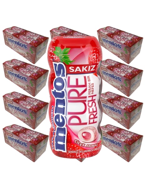 Mentos Pure Fresh Çilek Aromalı Şekersiz Tatlandırıcılı Draje Sakız 30 GR X 12 Adet