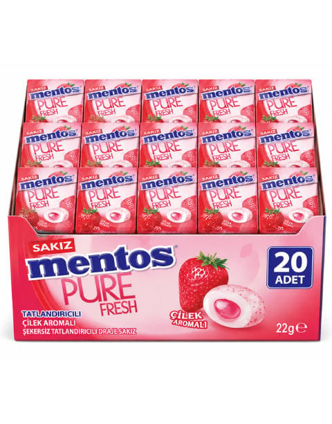 Mentos Pure Fresh Çilek Aromalı Şekersiz Tatlandırıcılı Draje Sakız 22 GR X 20 Adet
