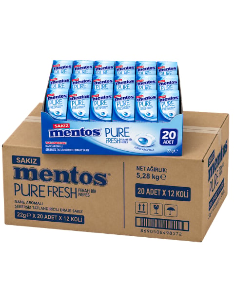 Mentos Pure Fresh Nane Aromalı Şekersiz Tatlandırıcılı Draje Sakız 22 GR X 20 Adet X 12 Adet