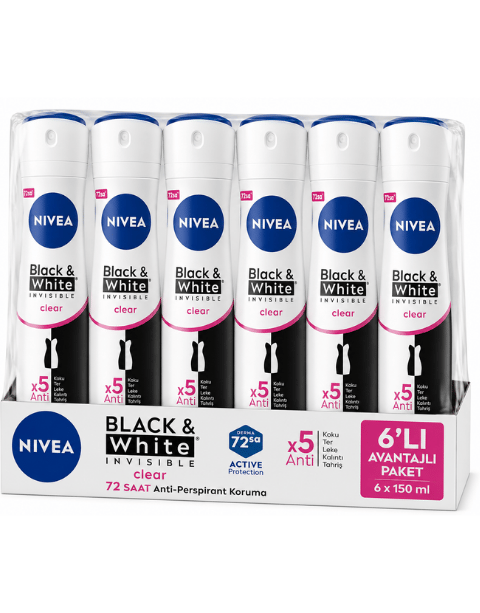 Nivea Women Black & White Clear 72 Saat Deodorant 150 ML X 6 Adet
