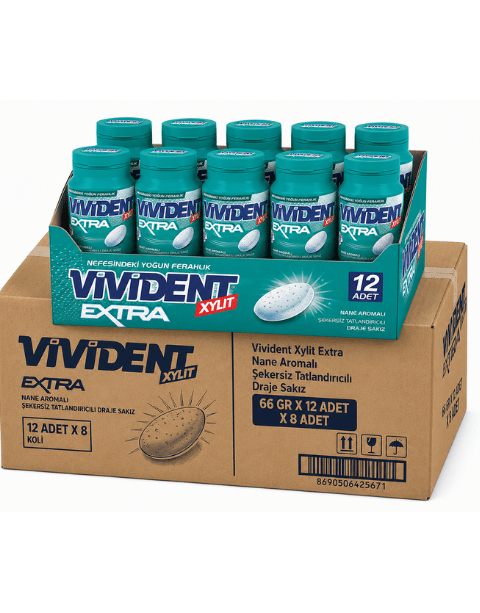 Vivident Xylit Extra Nane Aromalı Şekersiz Tatlandırıcılı Draje Sakız 66 GR X 12 Adet X 8 Adet