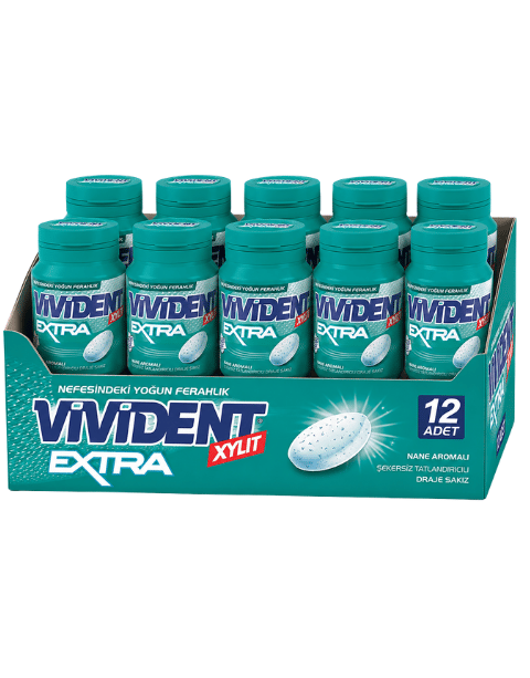Vivident Xylit Extra Nane Aromalı  Şekersiz Tatlandırıcılı Draje Sakız 66 GR X 12 Adet