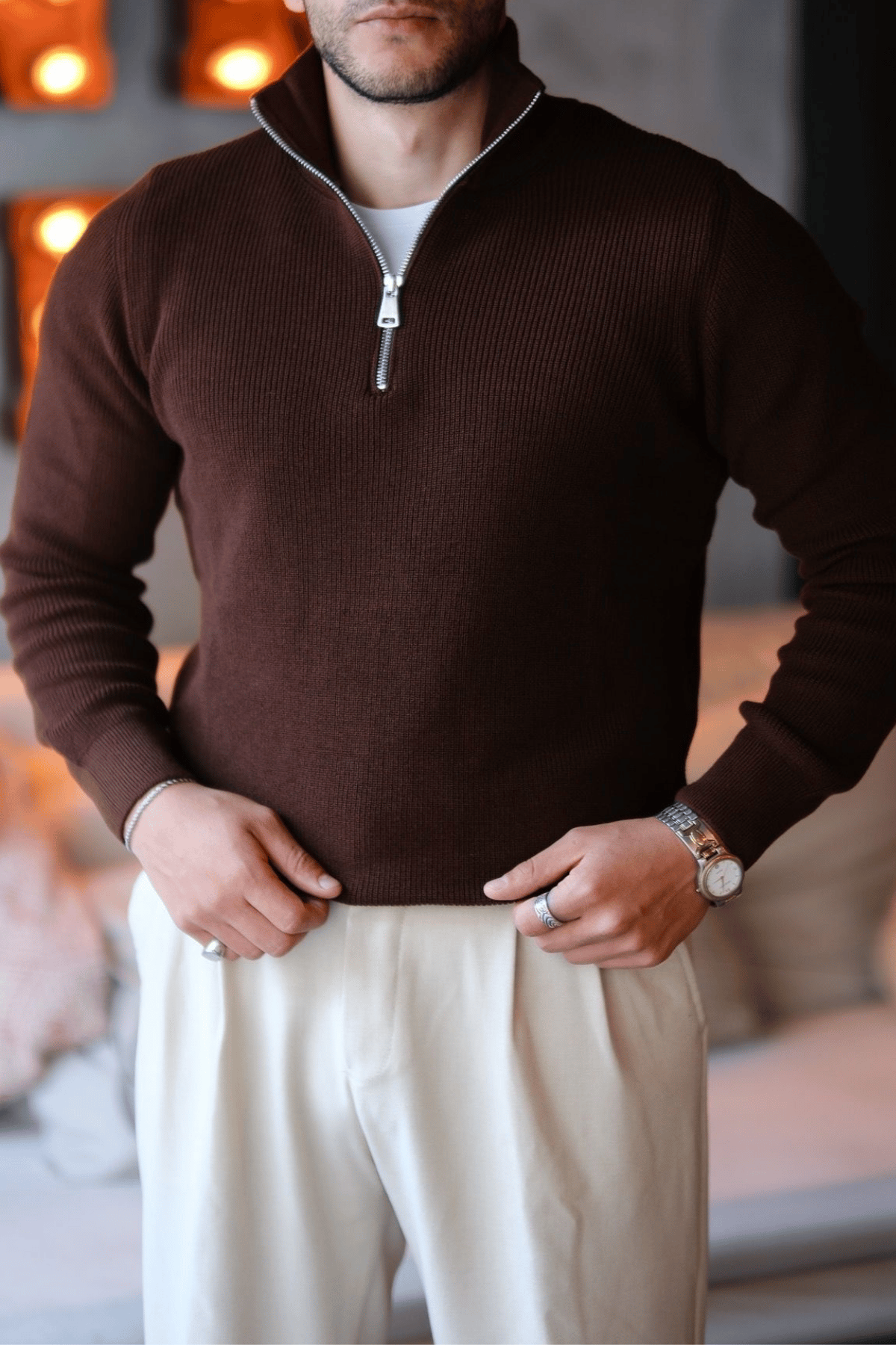 Bellonari Half Zip Pamuklu Old Money Kazak Kahverengi