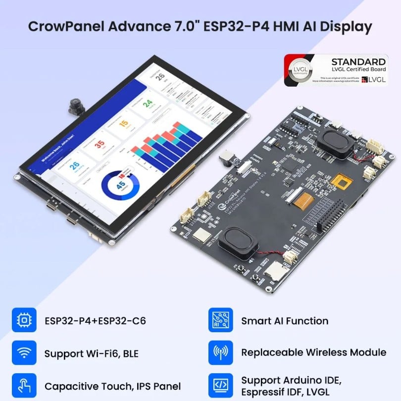 Elecrow CrowPanel Advanced 7 İnç ESP32-P4 WiFi 6 HMI Dokunmatik IPS Ekran (1024x600)
