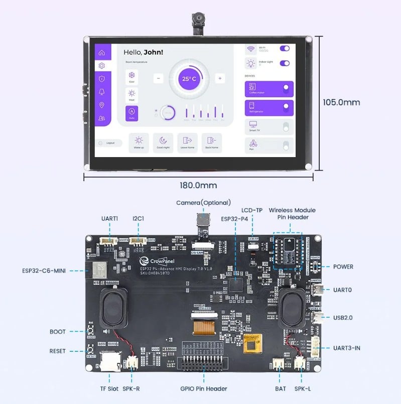 Elecrow CrowPanel Advanced 7 İnç ESP32-P4 WiFi 6 HMI Dokunmatik IPS Ekran (1024x600)