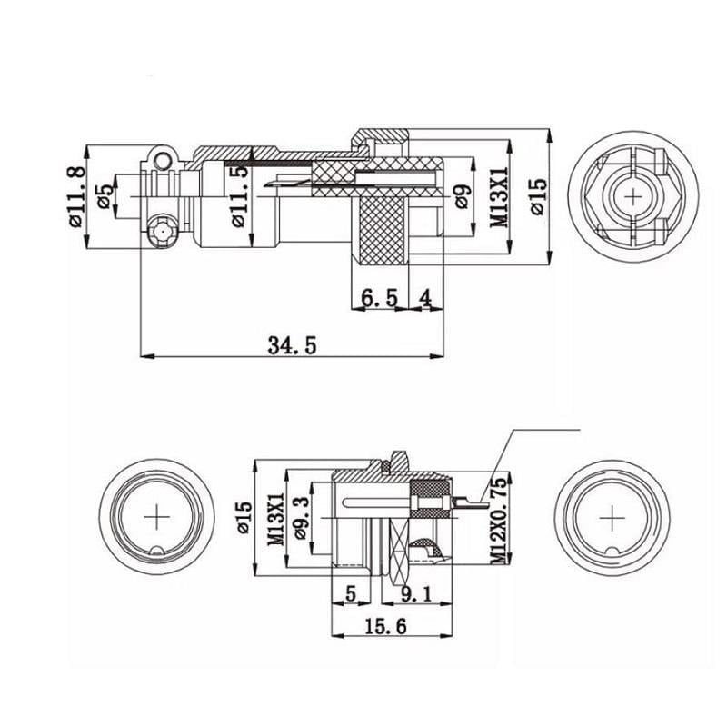 Mike Konnektör 12mm 6 Pin - Erkek