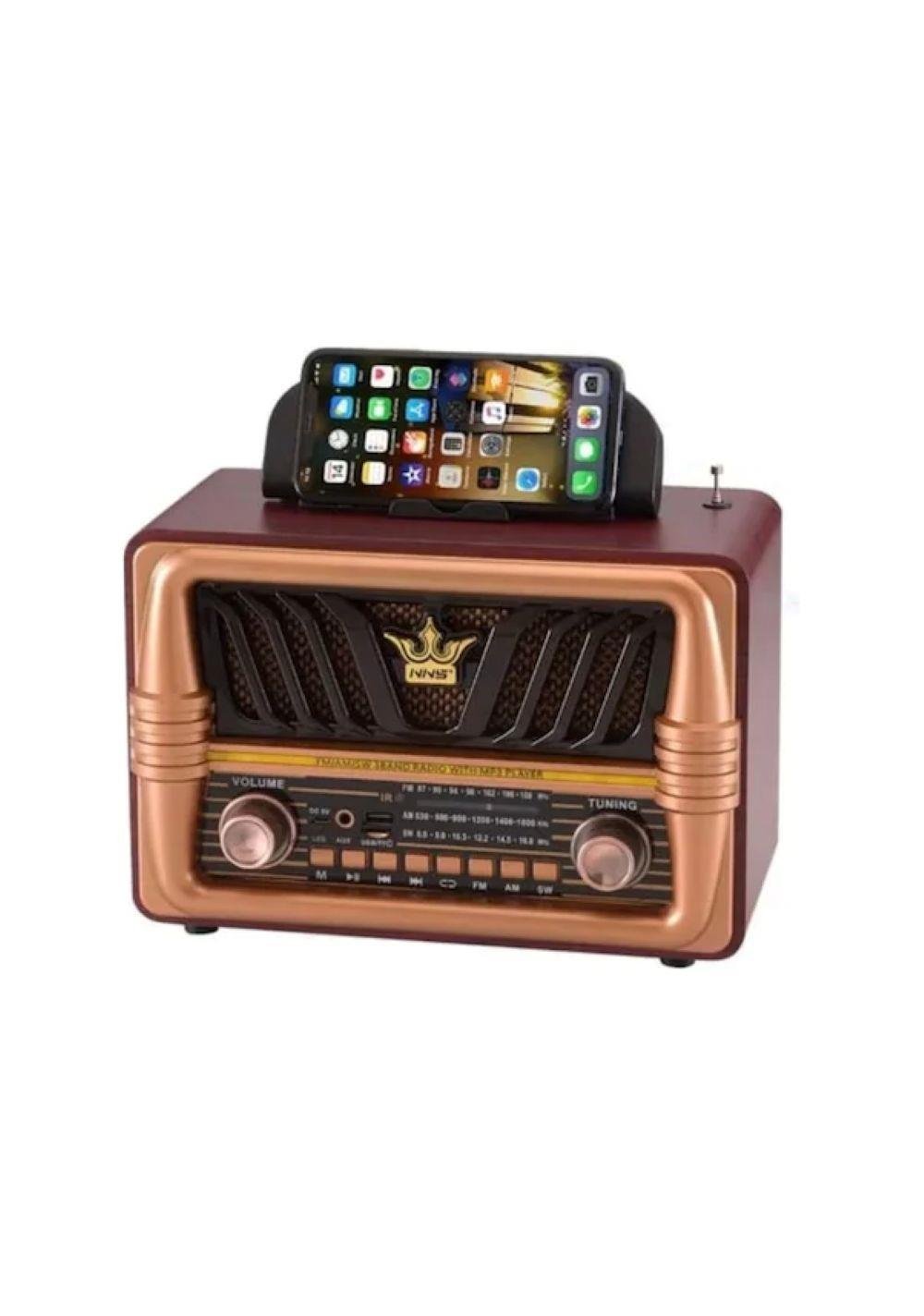 NS-8077 Büyük Boy Telefon Tutma Aparatlı Retro Ahşap Tasarım Bluetooth Hoparlörlü Radyo Fm/am