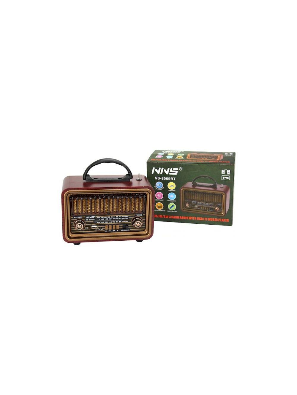 NS-8069 Retro, Nostaljik, Ahşap Tasarım Bluetooth Hoparlörlü, Şarjlı, Taşınabilir Fm/am Destekli Radyo