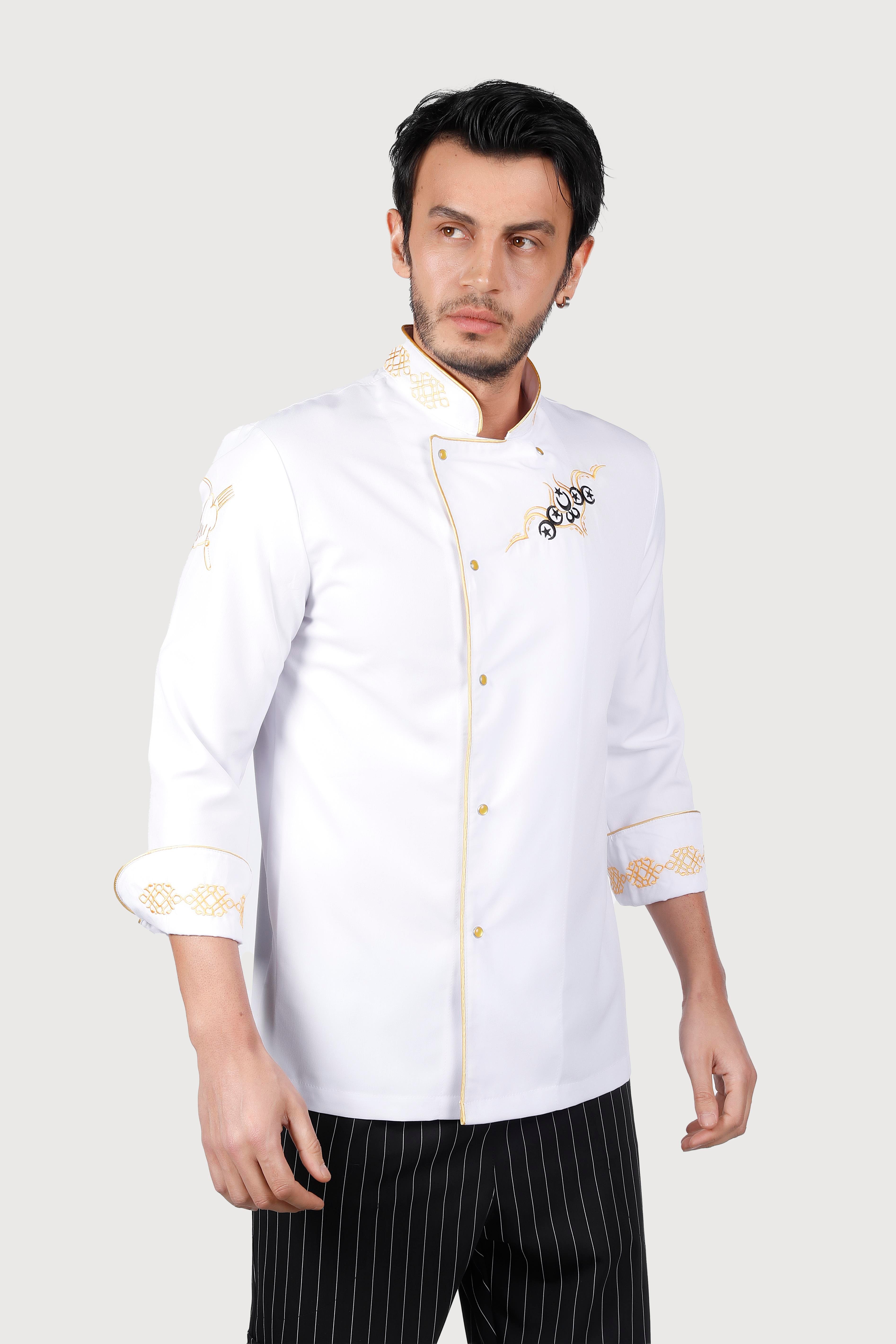 Beyaz Gold Biyeli Sarı Keçiboynuz Desenli Chef Ceket