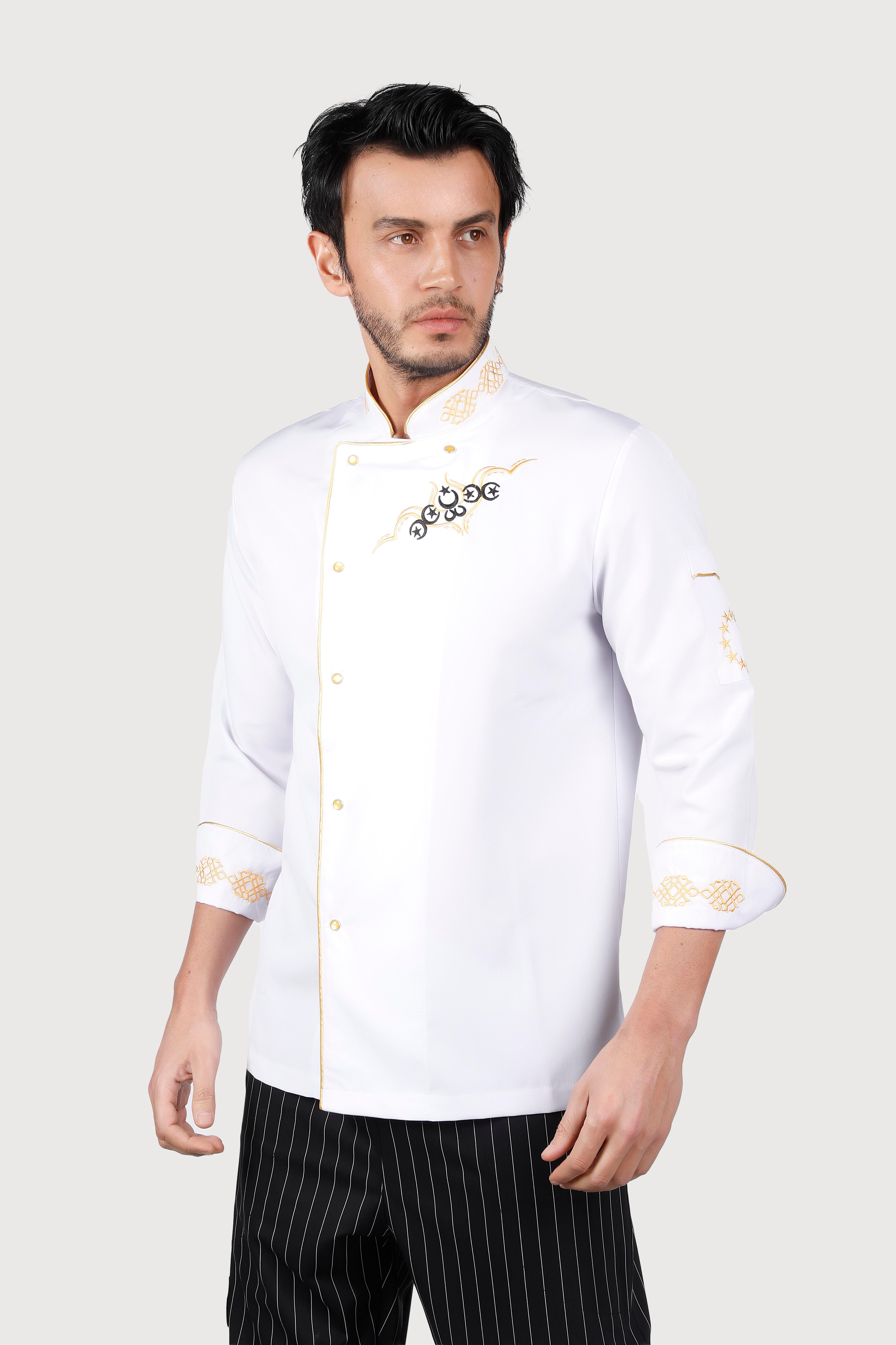 Beyaz Gold Biyeli Sarı Keçiboynuz Desenli Chef Ceket