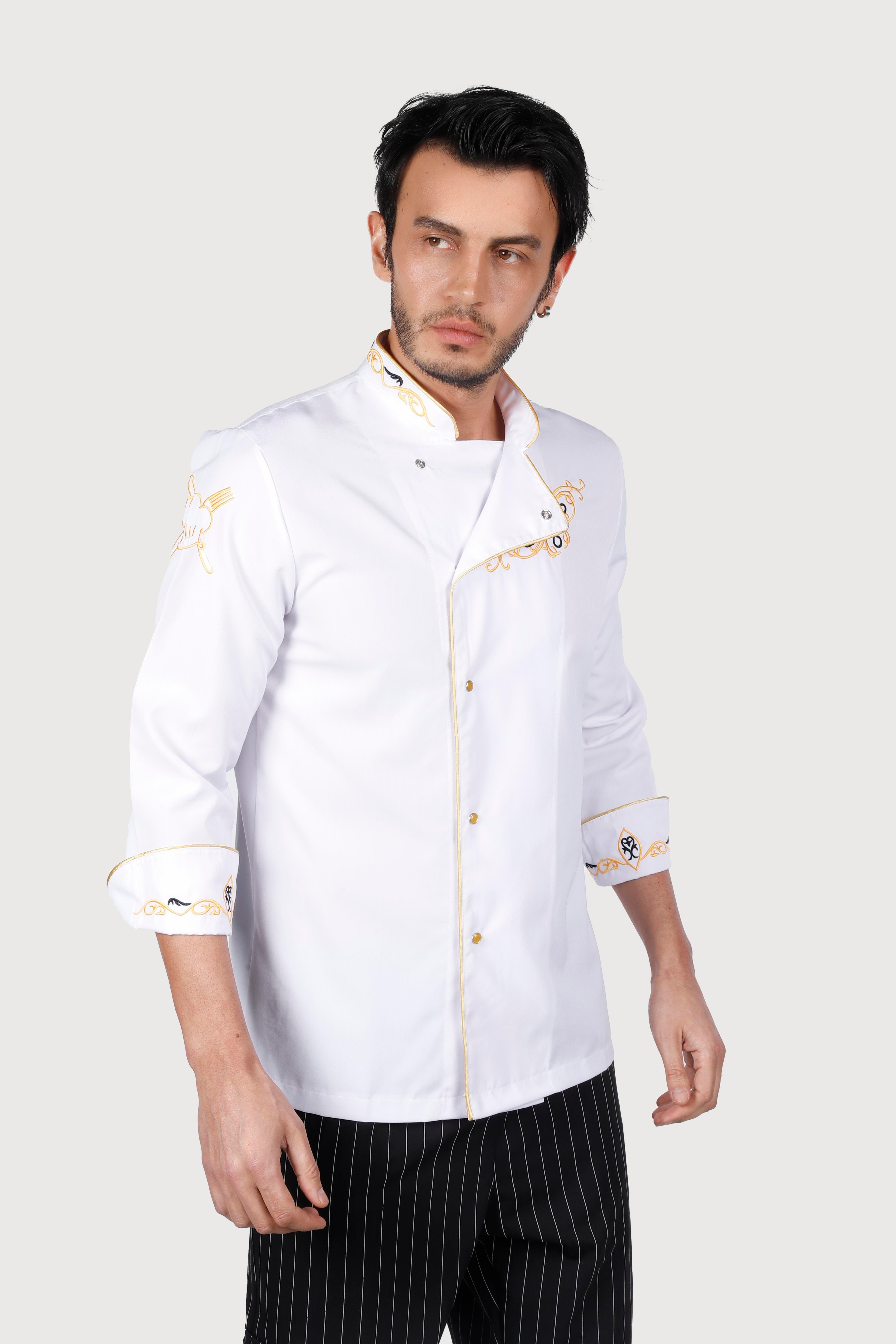 Beyaz Gold Biyeli Sarı Motifli Chef Ceket