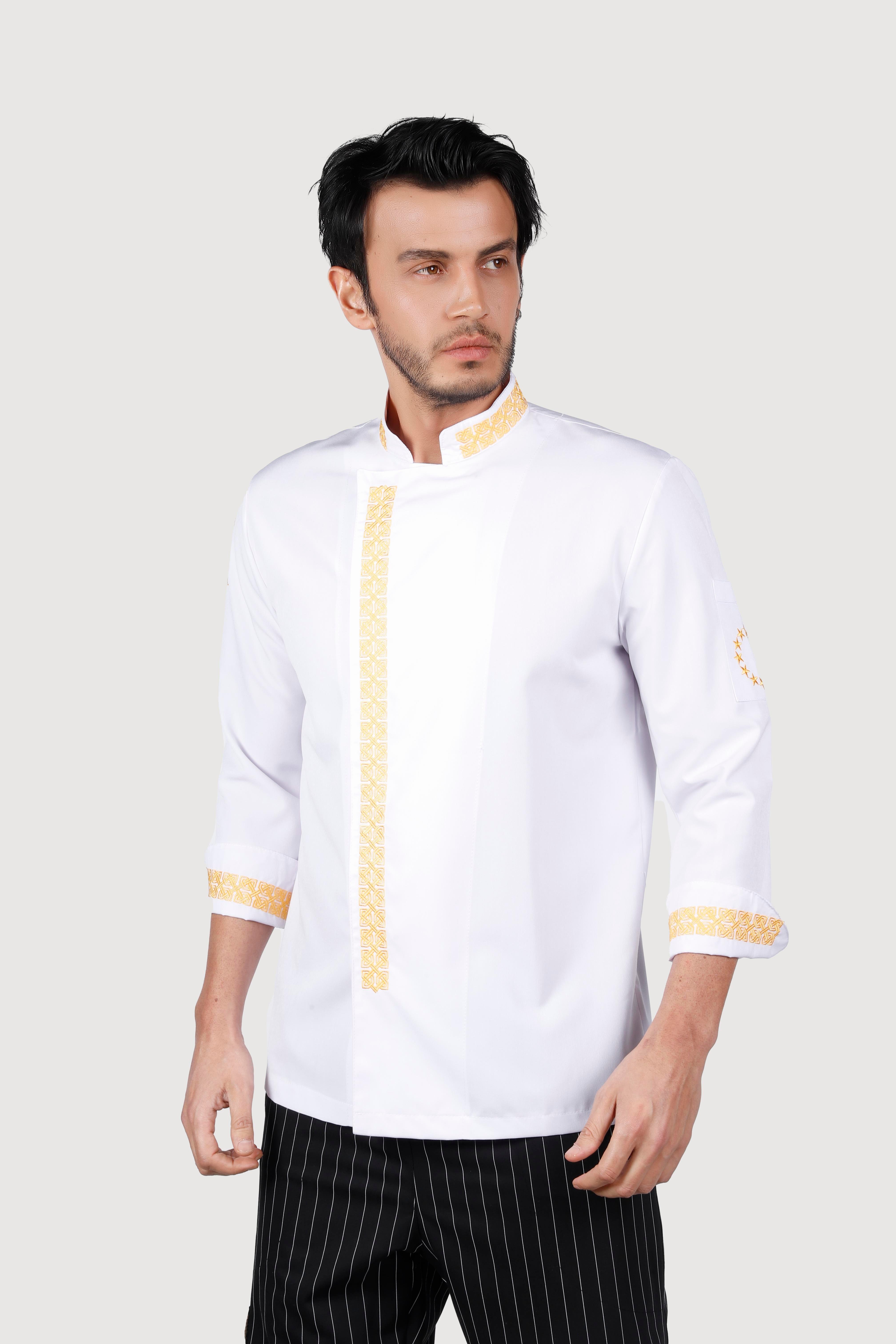 Hasır Desen Beyaz Gold Nakışlı Chef Ceket