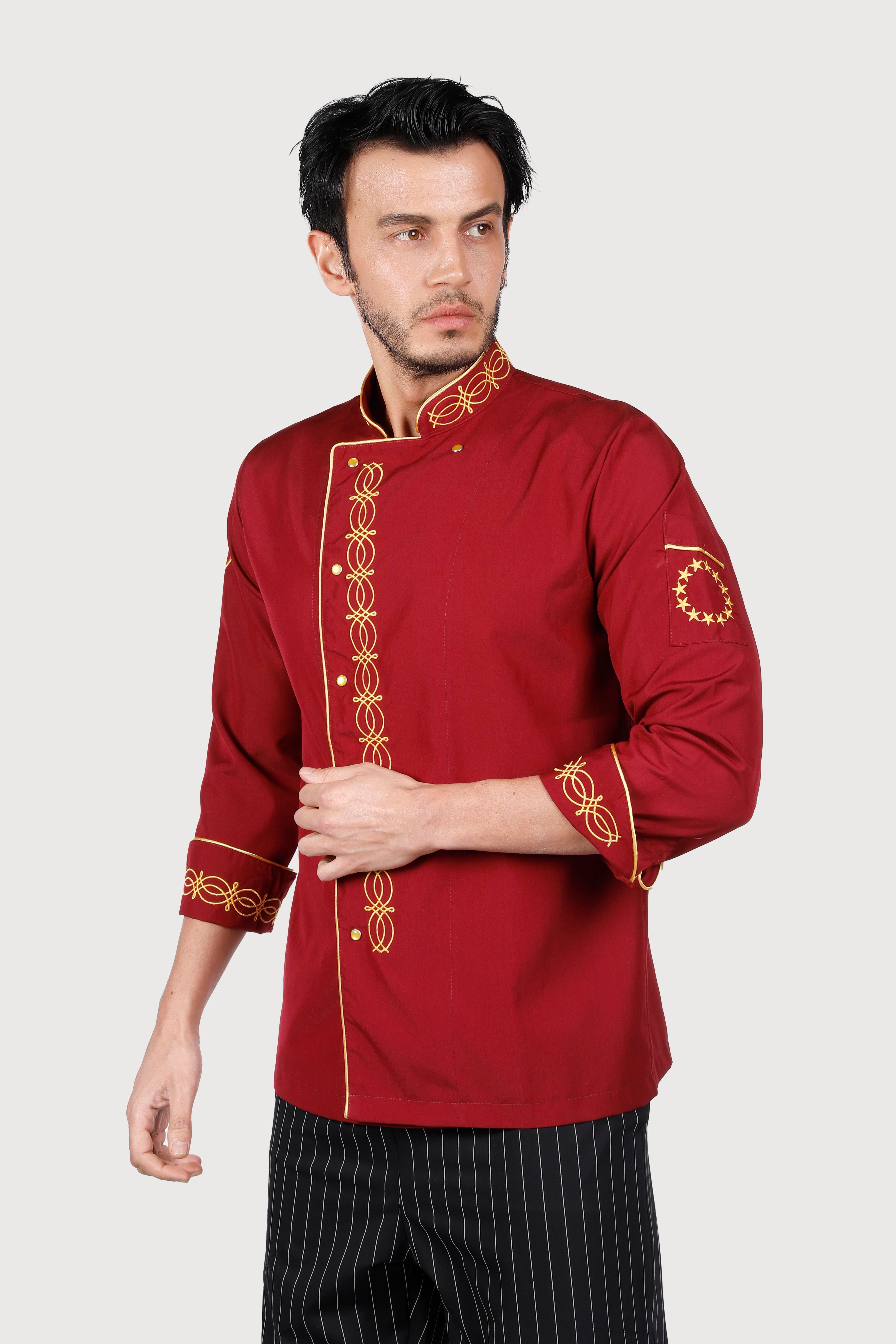Hasır Desen  Bordo Gold Nakışlı Chef Ceket