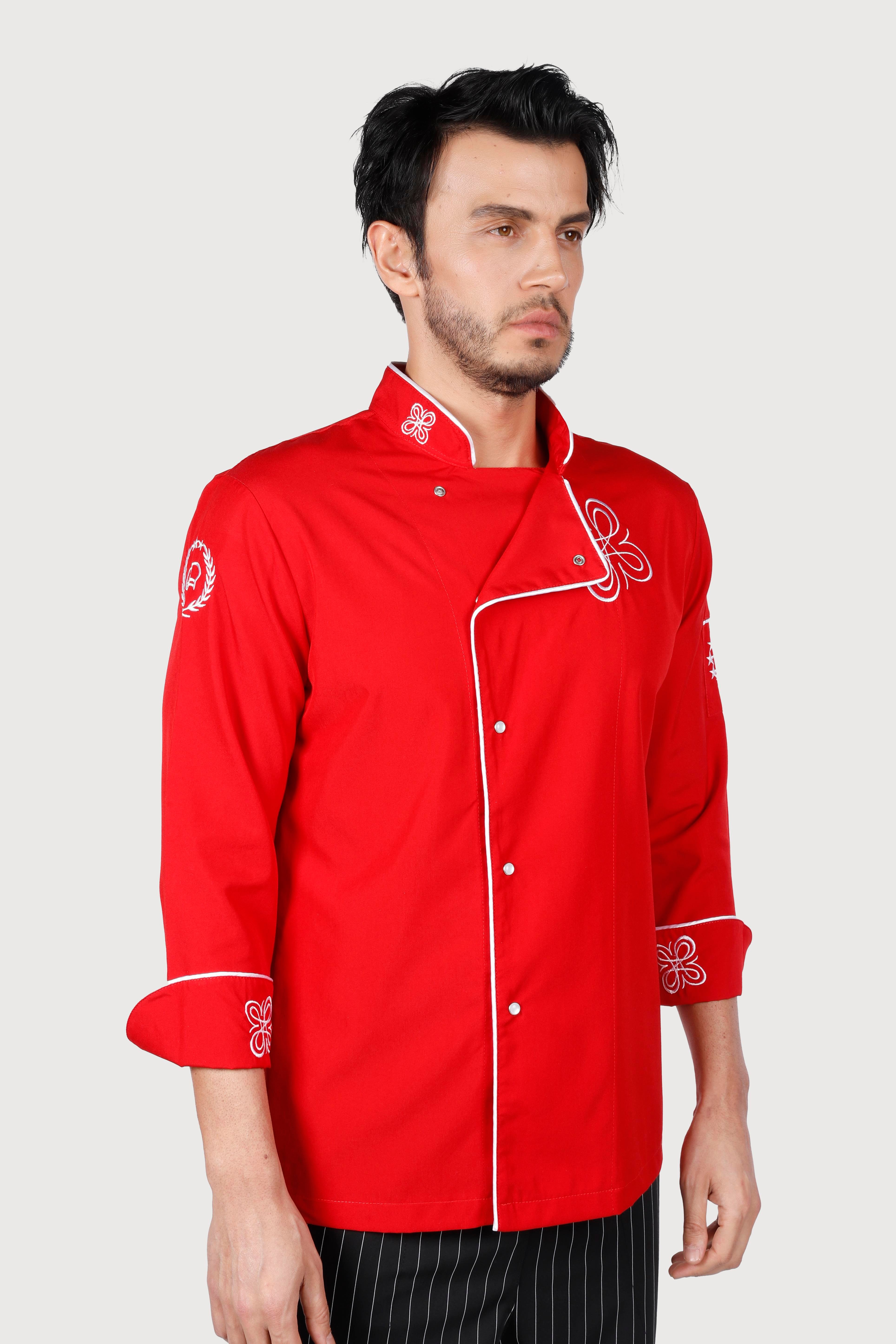 Klimalı Kırmızı Beyaz Biye Nakış Detaylı Chef Ceket