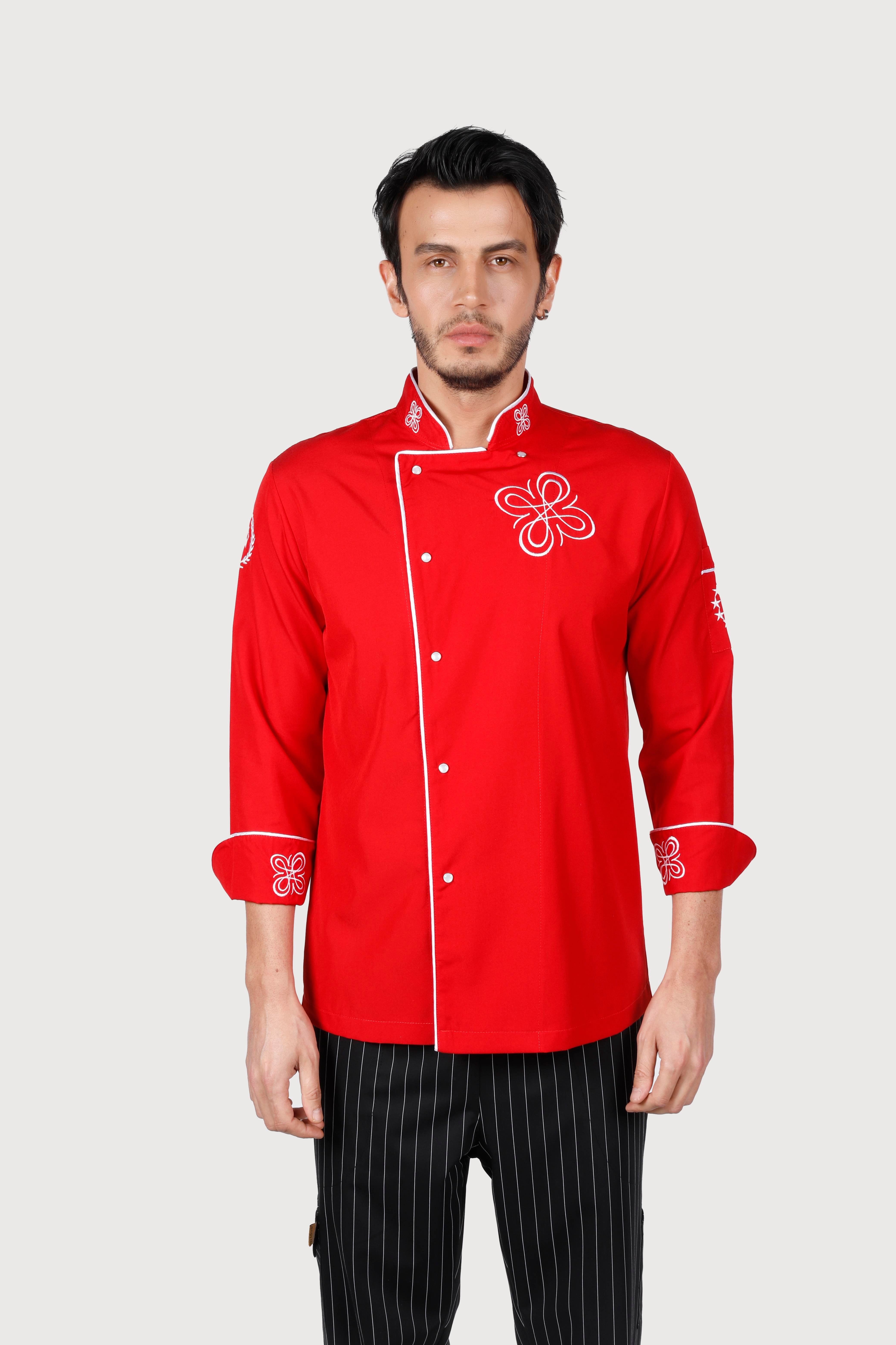 Klimalı Kırmızı Beyaz Biye Nakış Detaylı Chef Ceket
