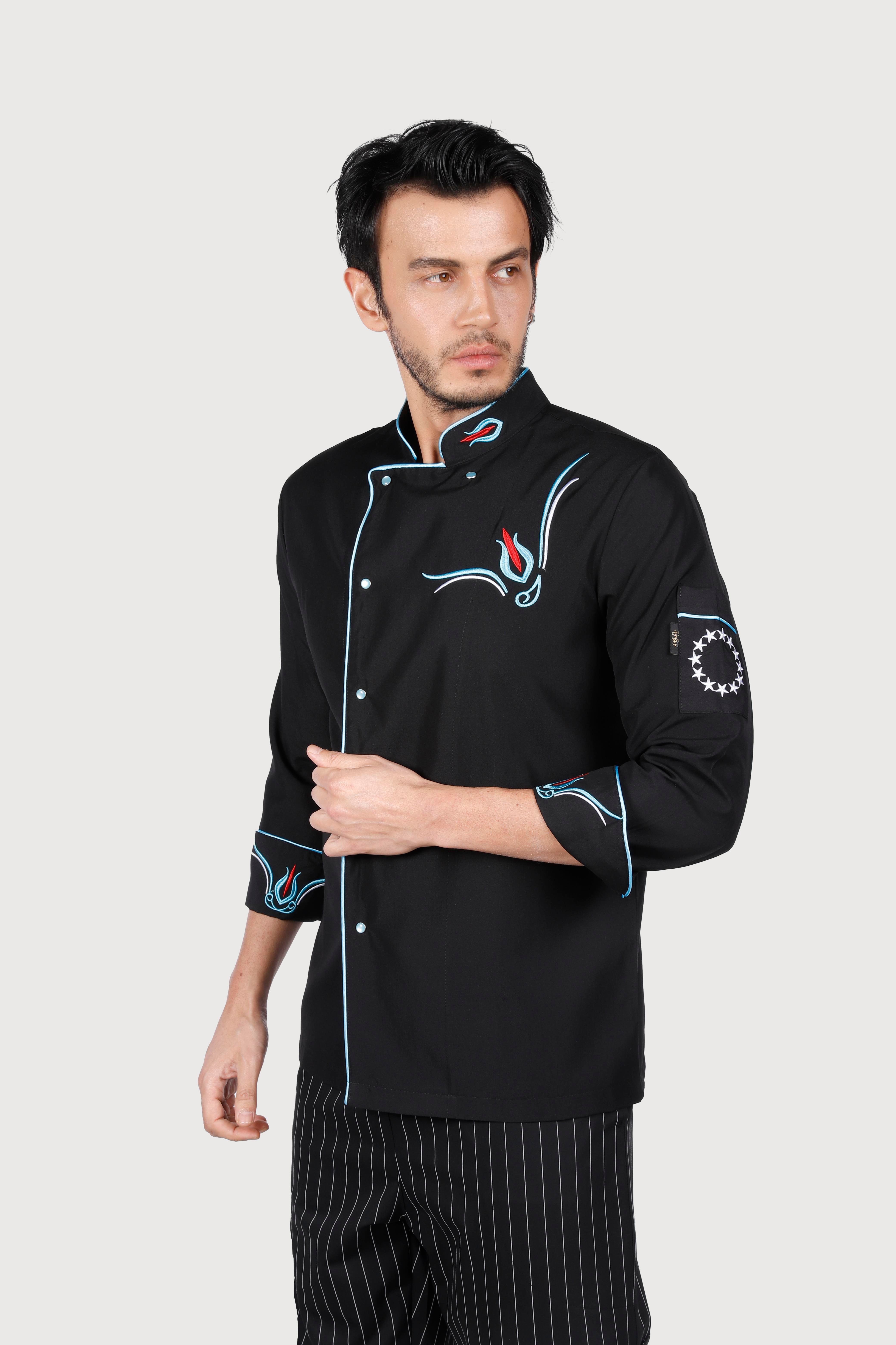 Lale Desen Siyah Turkuaz Biye Chef Ceket 