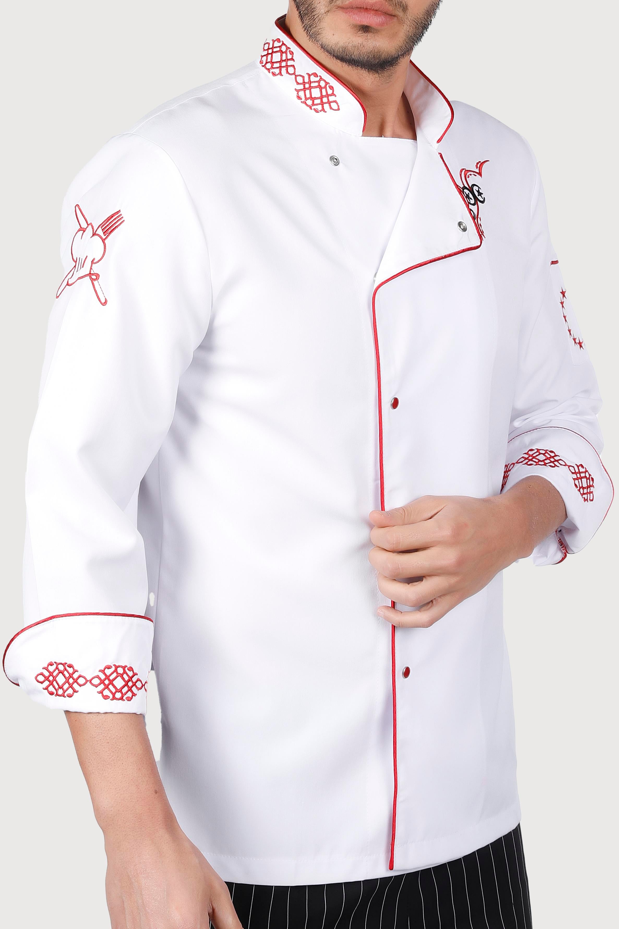 Lale Desenli Ayyıldız Beyaz Kırmızı Biye Chef Ceket