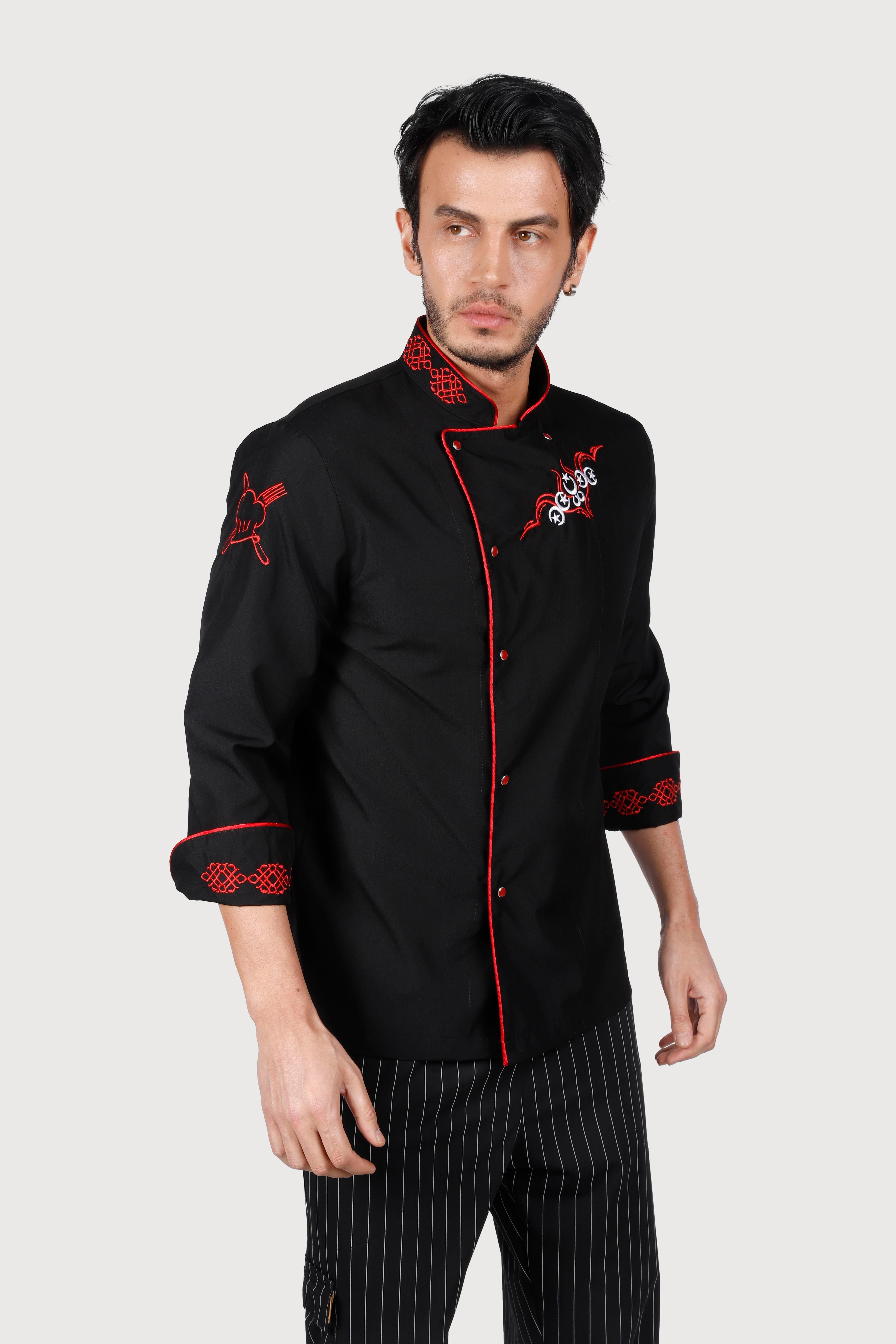 Siyah Kırmızı Biyeli Kırmızı Keçiboynuz Desenli Chef Ceket
