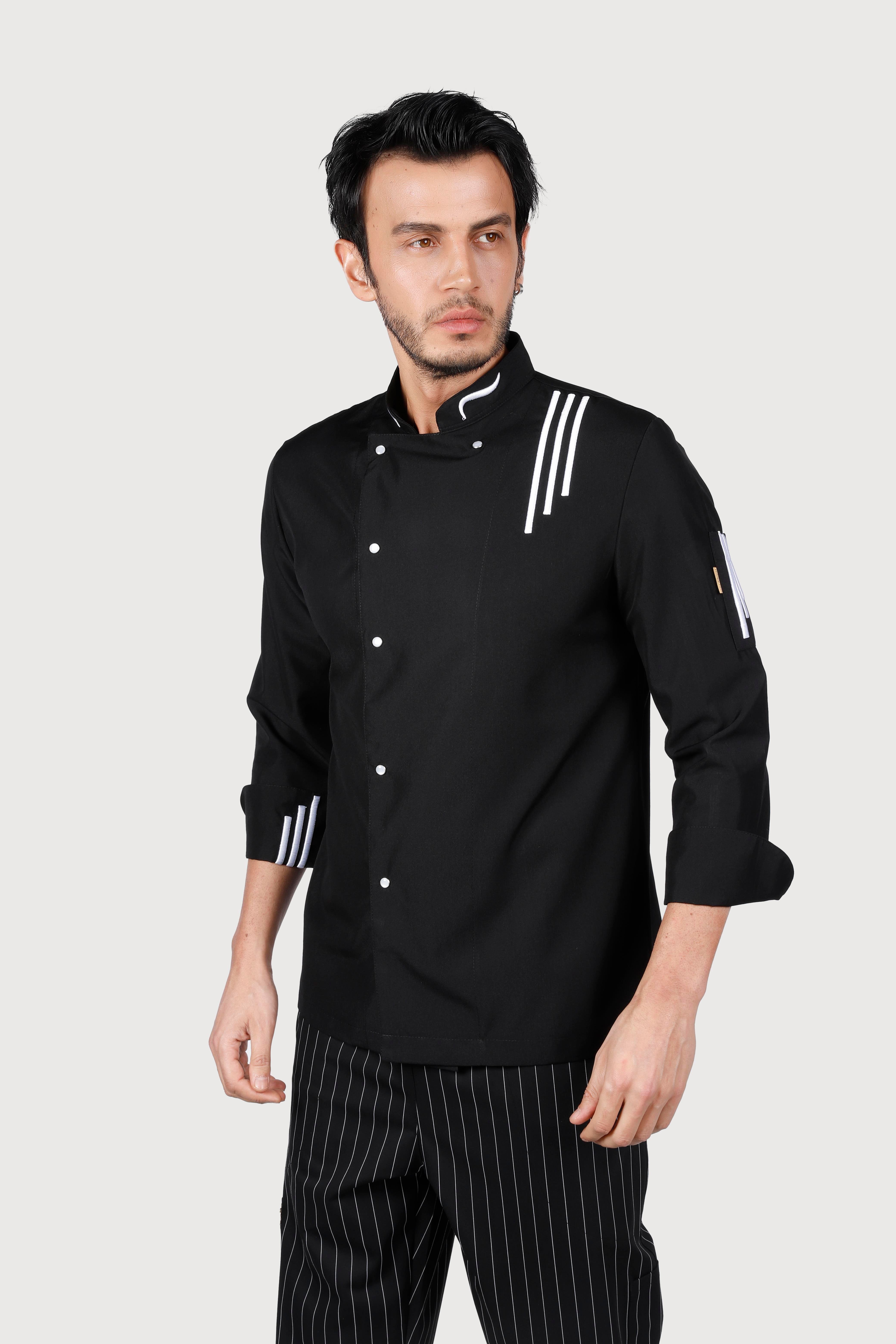 Üç Çizgili Siyah Beyaz Nakış Chef Ceket