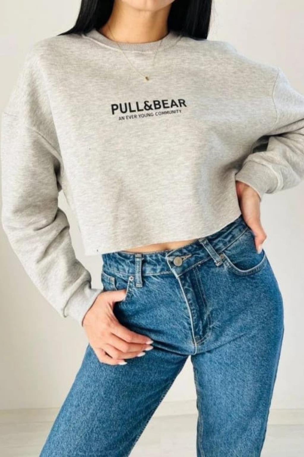 GRİ OVERSIZE BİSİKLET YAKA MODAL CROP SWEATSHIRT