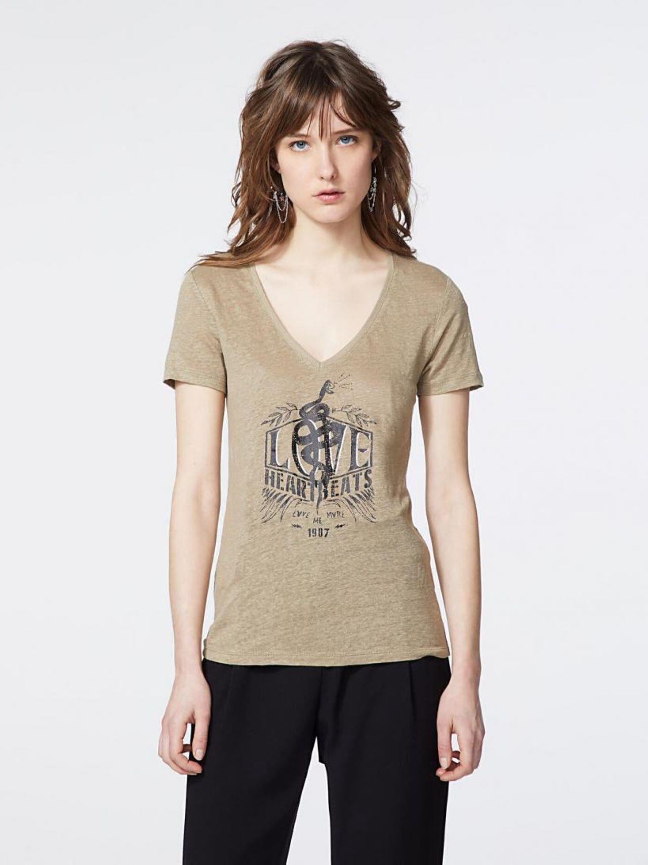 IKKS WOMEN ORJ BEJ BASKILI V YAKA T-SHIRT