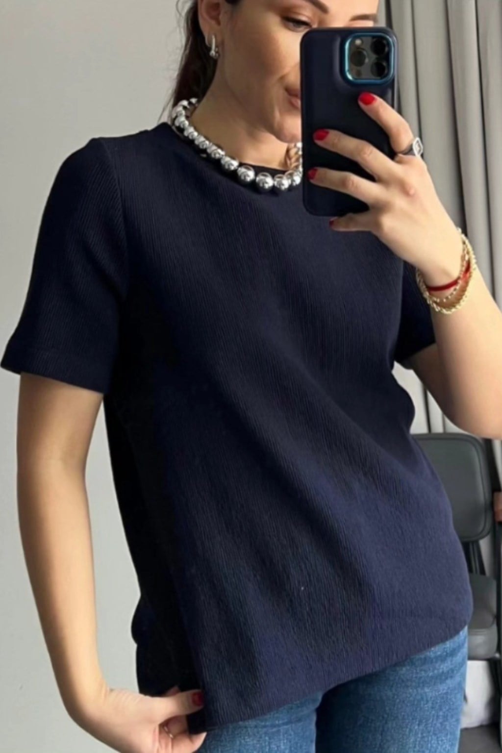 ORJ MARKA LACİVERT BİSİKLET YAKA ÖRME T-SHIRT