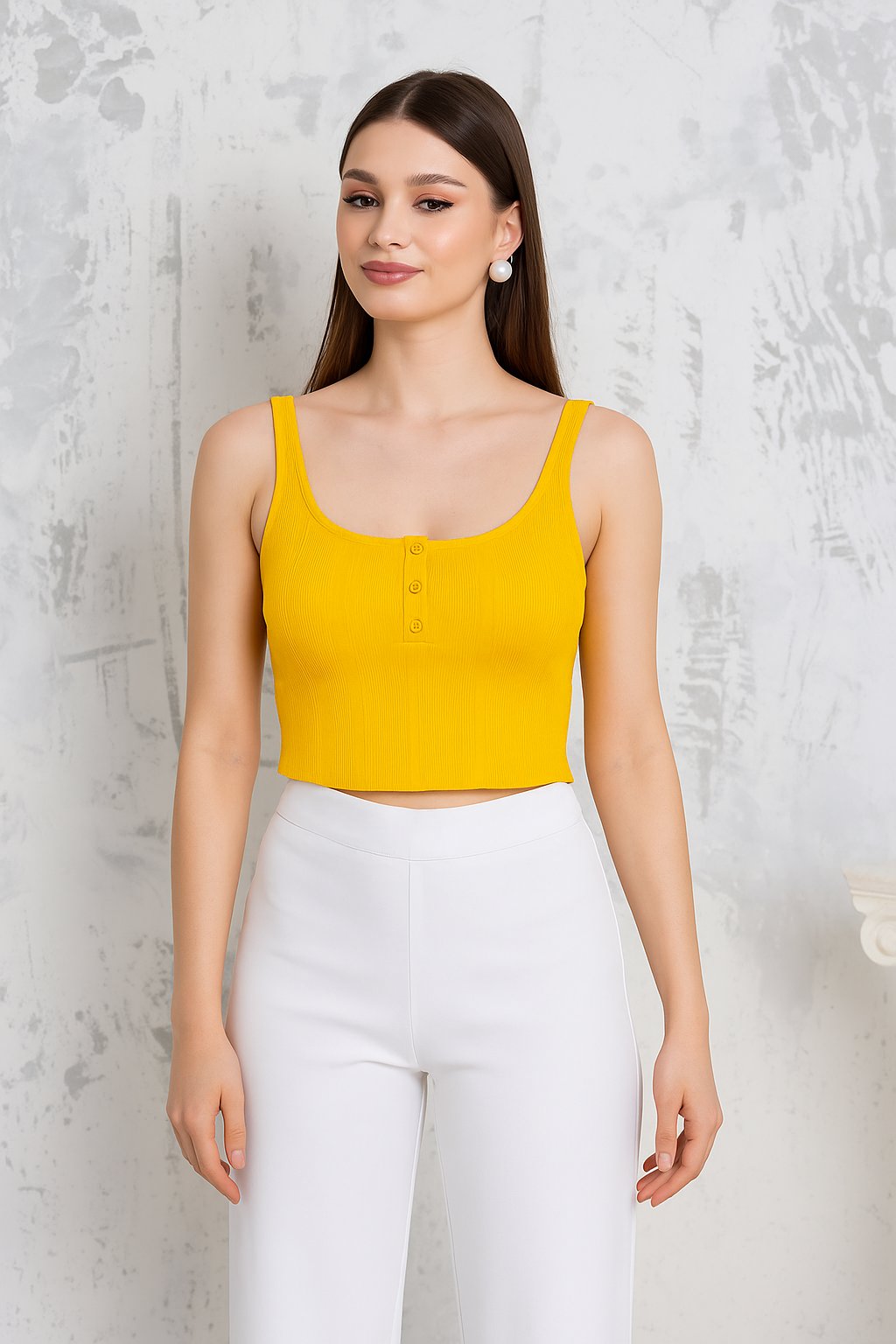 ORJ MARKA SARI DÜĞMELİ KALIN ASKILI CROP BODY ATLET