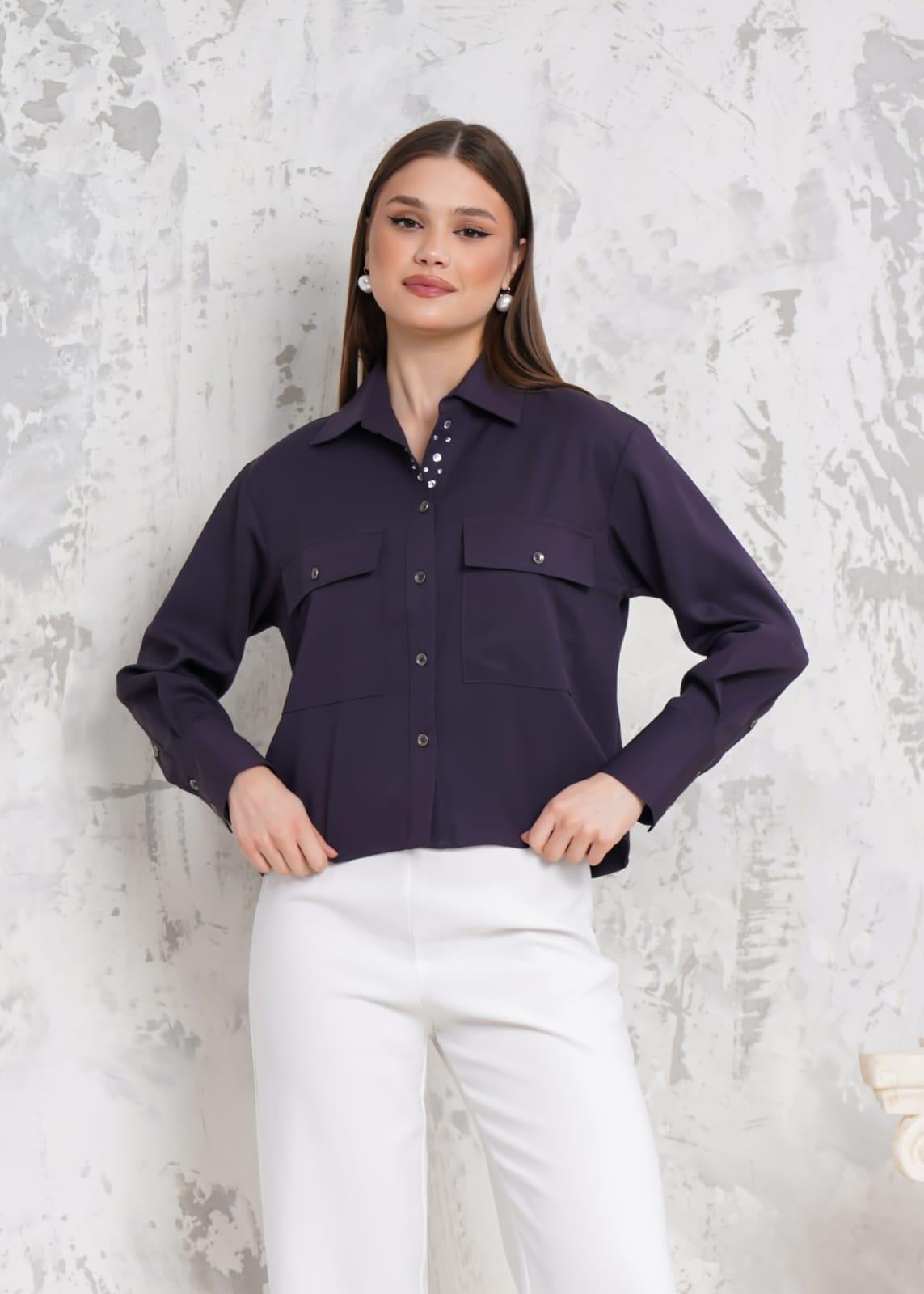 RİGALA ANTRASİT KISA ÇİFT CEP KAPAKLI METAL DÜĞMELİ UZUN KOL OVERSIZE TENCEL GÖMLEK