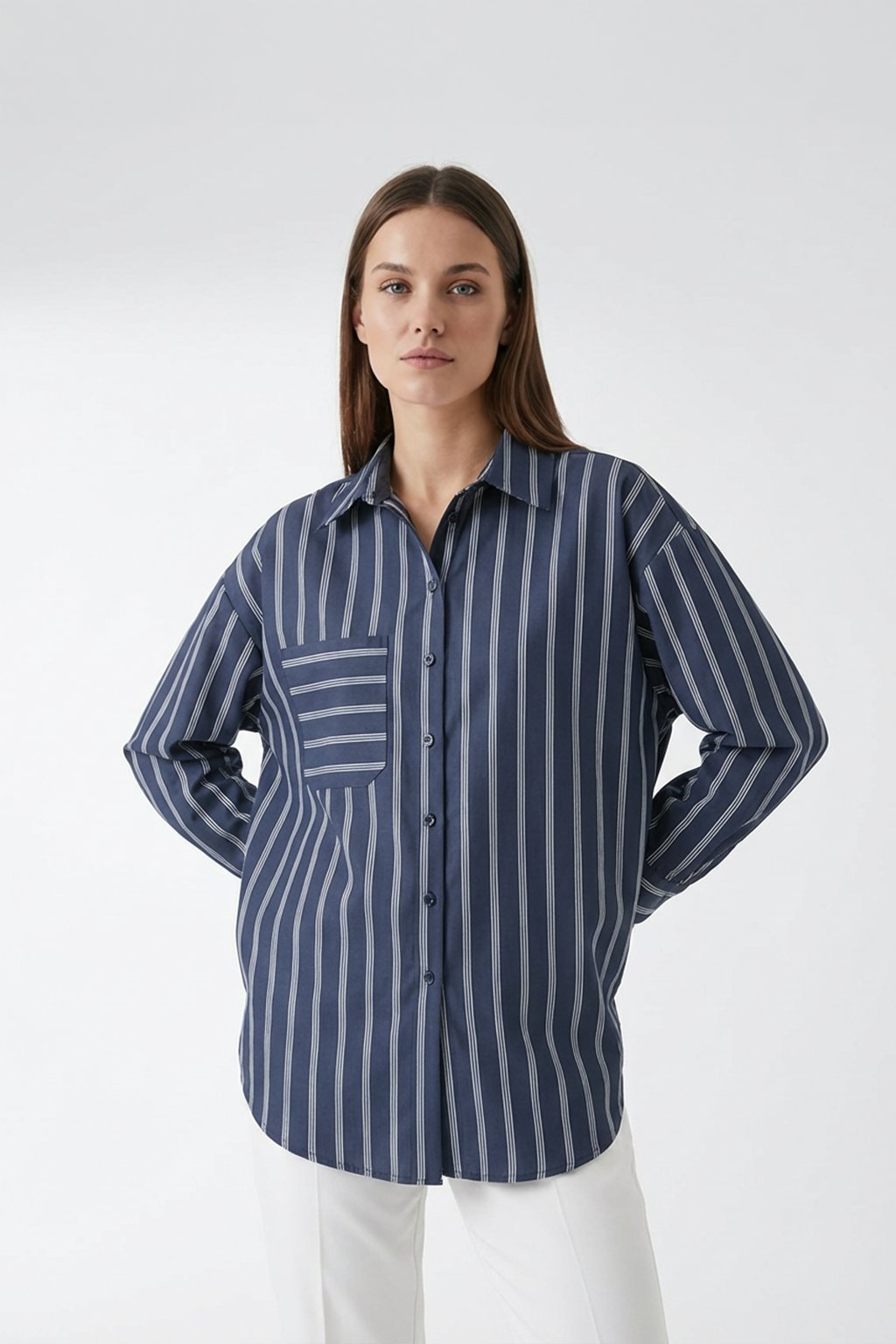 RİGALA ÇİZGİLİ LACİVERT OVERSIZE GÖMLEK