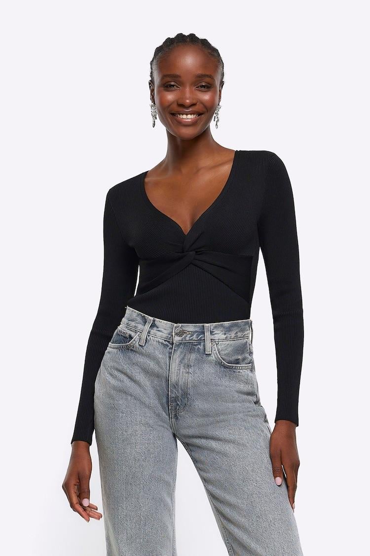 RIVER ISLAND LONDON ORJ SİYAH ÇELİK ÖRGÜ ÖNÜ DÜĞÜMLÜ SİYAH BLUZ