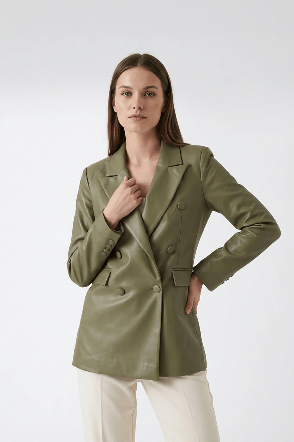 YEŞİL SUNİ DERİ BLAZER CEKET
