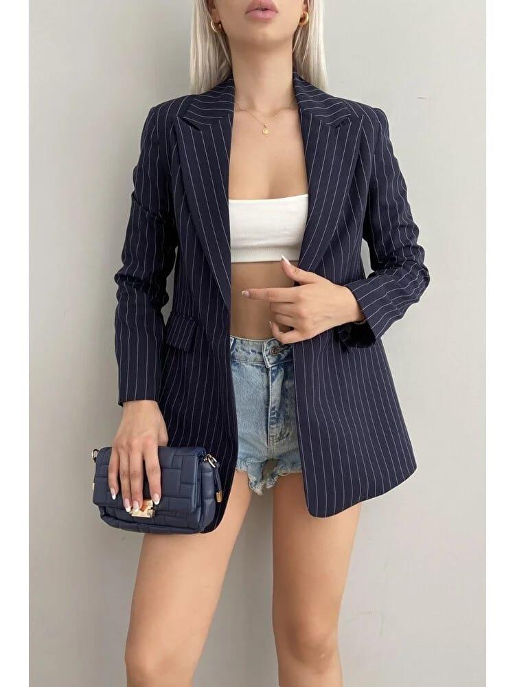 ZR MODEL LACİVERT ÇİZGİLİ UZUN KOLLU BLAZER CEKET
