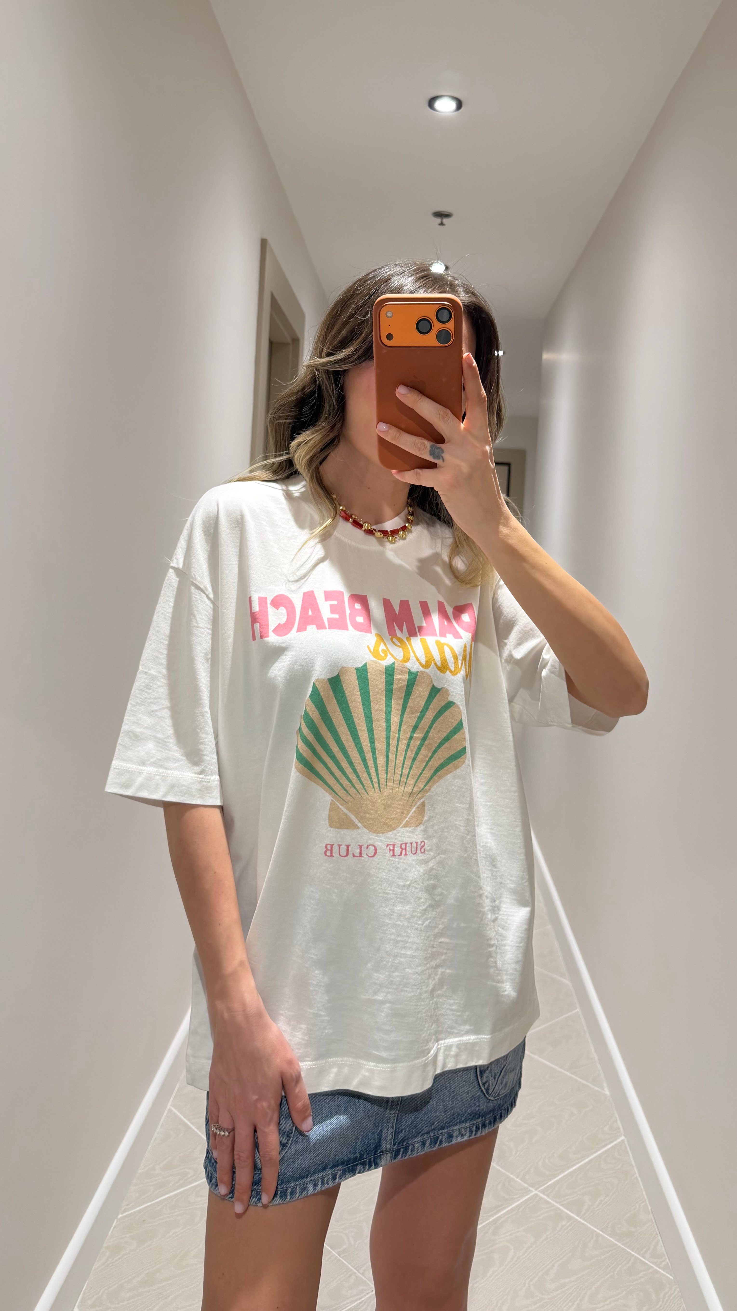 KREM PALM BEACH BASKILI TİŞÖRT