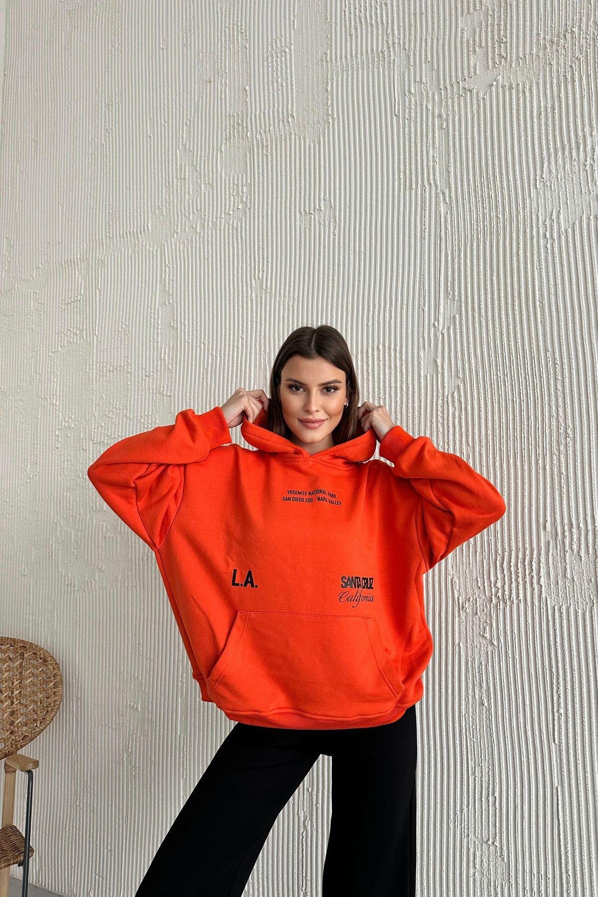 Oversize Kapüşonlu Baskılı Siyah Sweatshirt
