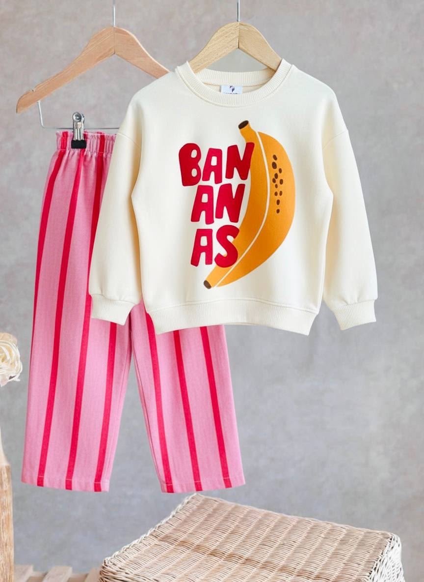 Banana Baskılı Pembe Çizgili Unisex Çocuk İkili Takım