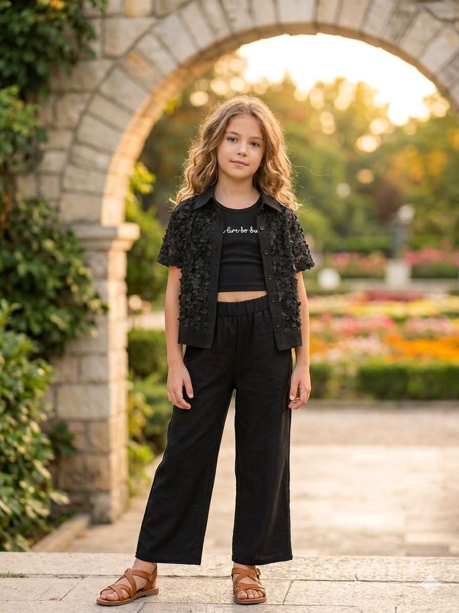 Battal Boy , Siyah Dantel Dokulu Gömlekli 3'lü Kız Takım