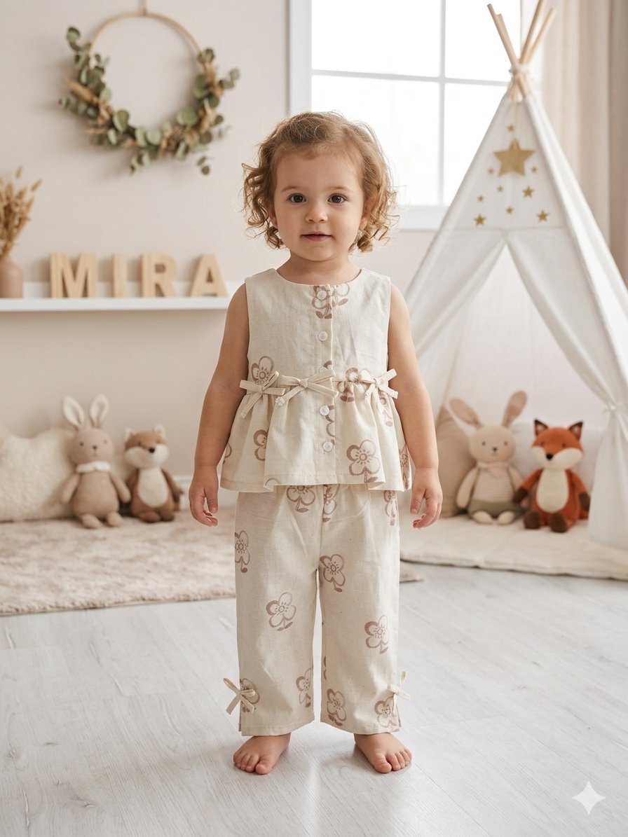 Çiçek Baskılı Fiyonklu 2'li Set - Krem
