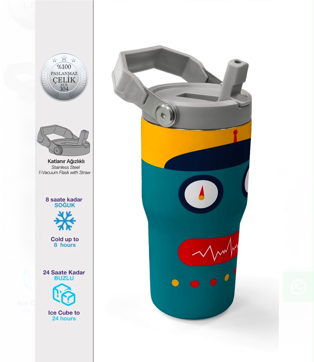 Coral High Lacivert Çivit Robot Desenli Katlanır Ağızlıklı Çelik Termos 600 ml 38918