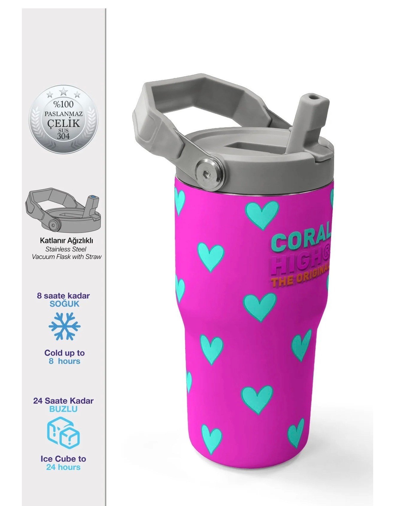 Coral High Neon Pembe Su Yeşili Kalp Desenli Katlanır Ağızlıklı Çelik Termos 600 ml 38908