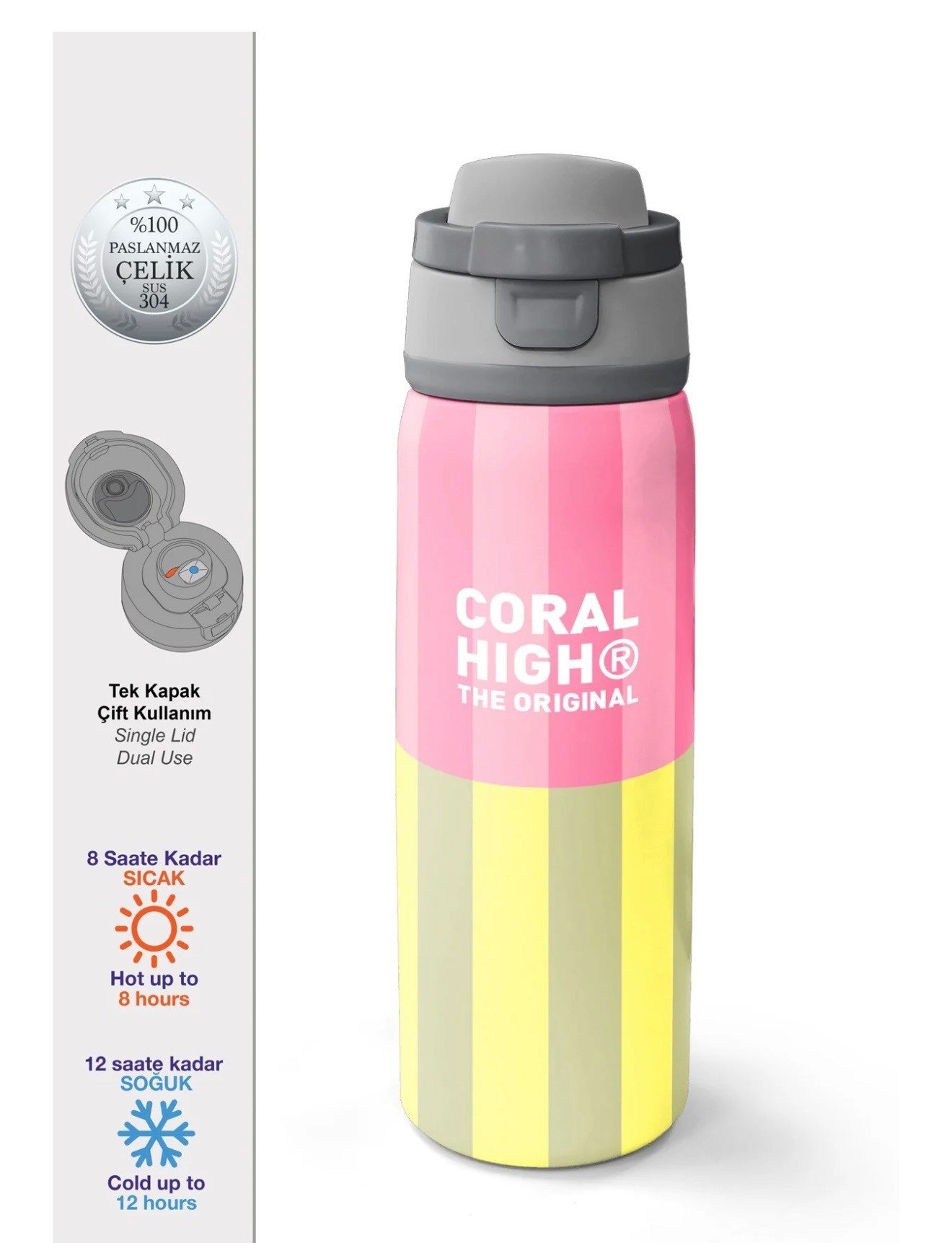 Coral High Pembe Sarı Çizgi Desenli Pipetli ve Direkt İçim Çelik Termos 800 ml 38501