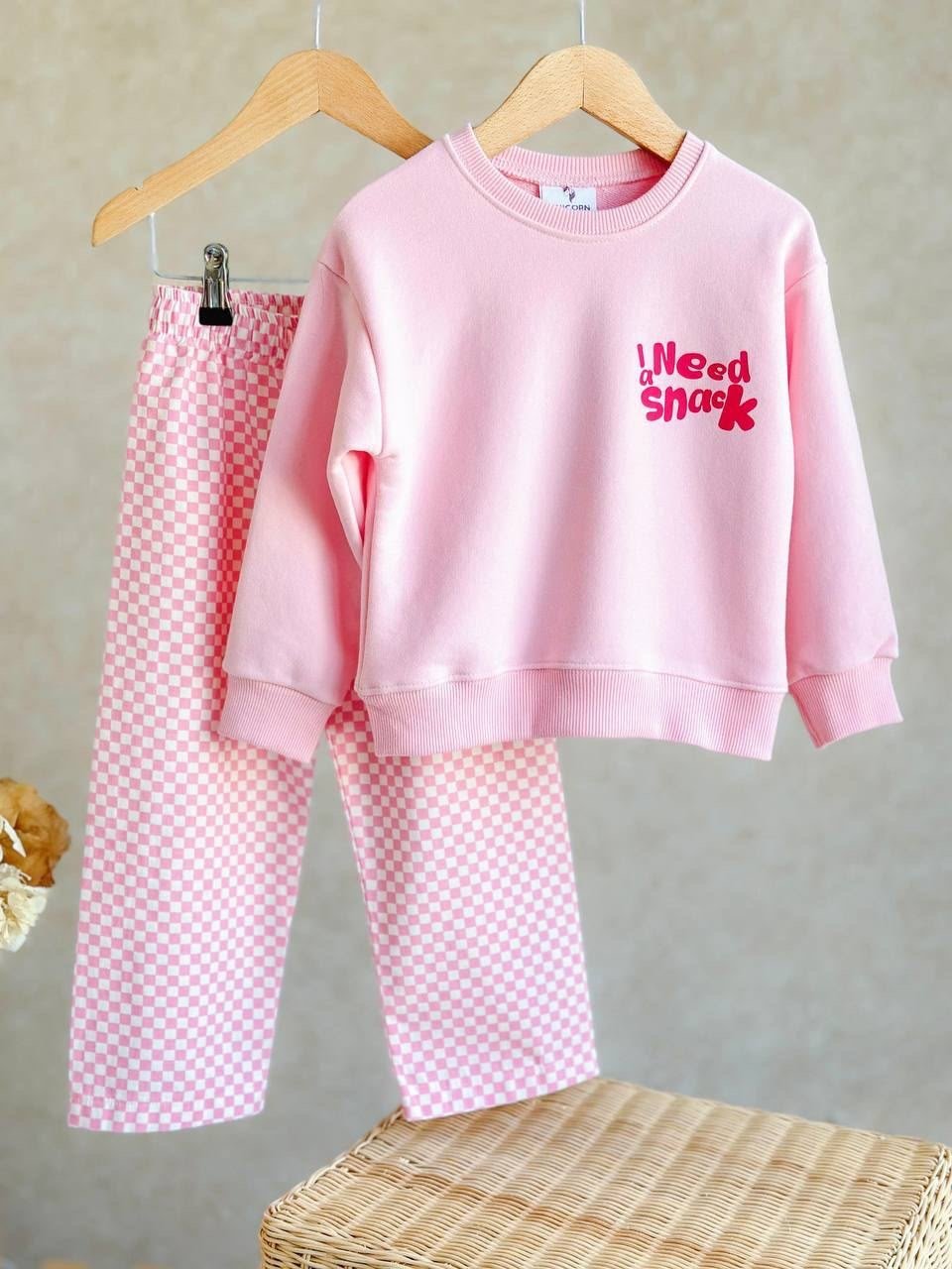 Dama Desenli Pembe Kız Çocuk İkili Takım